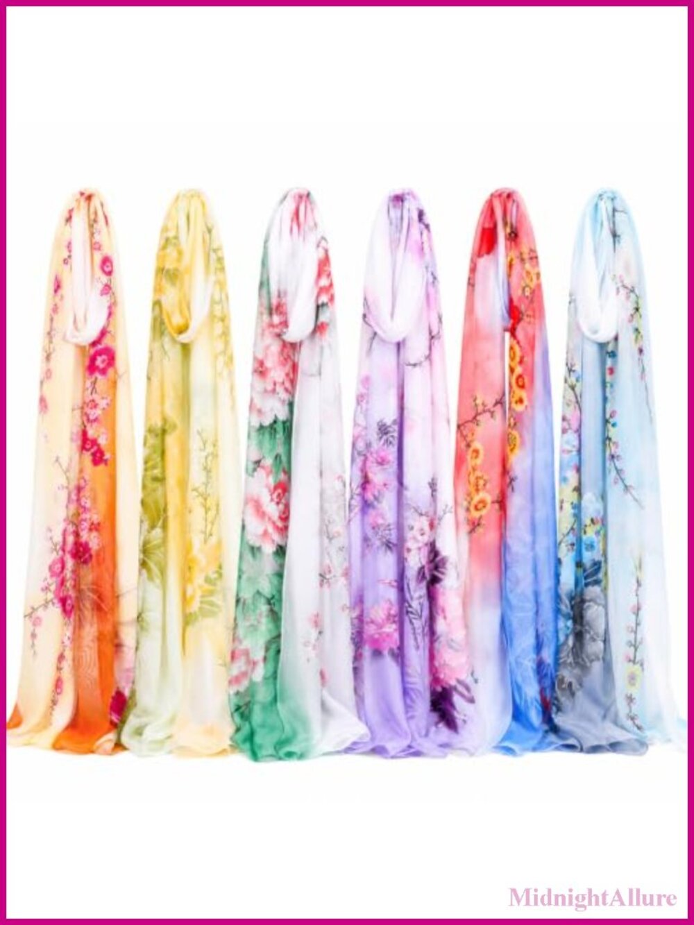 6 Pc Lightweight Georgette Floral Peony Print Long Thin Scarf Set for Women